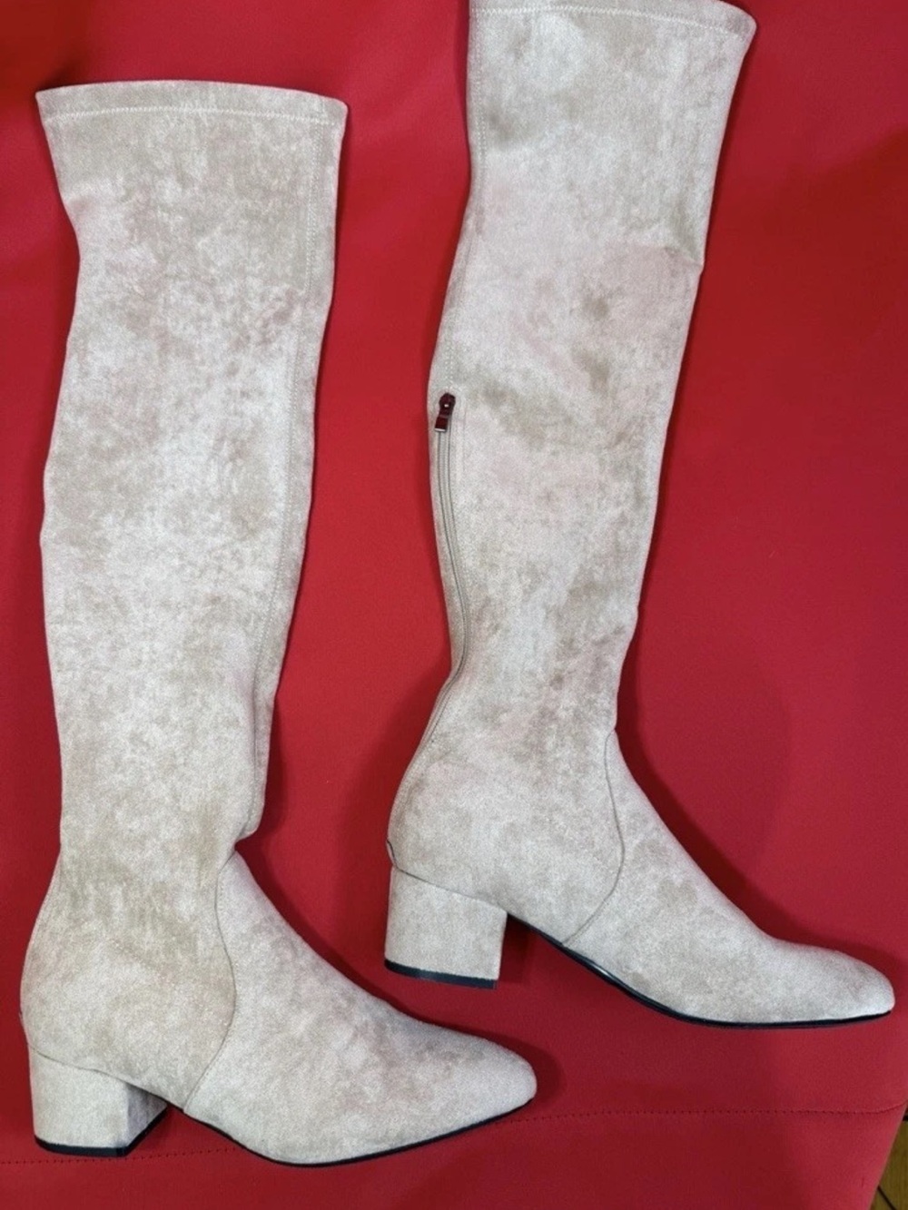 US 9 Sz 41 Boots Over Knee As Suede 2”Block Heel Almond Toe Shaft 23” Beige - Picture 5 of 15